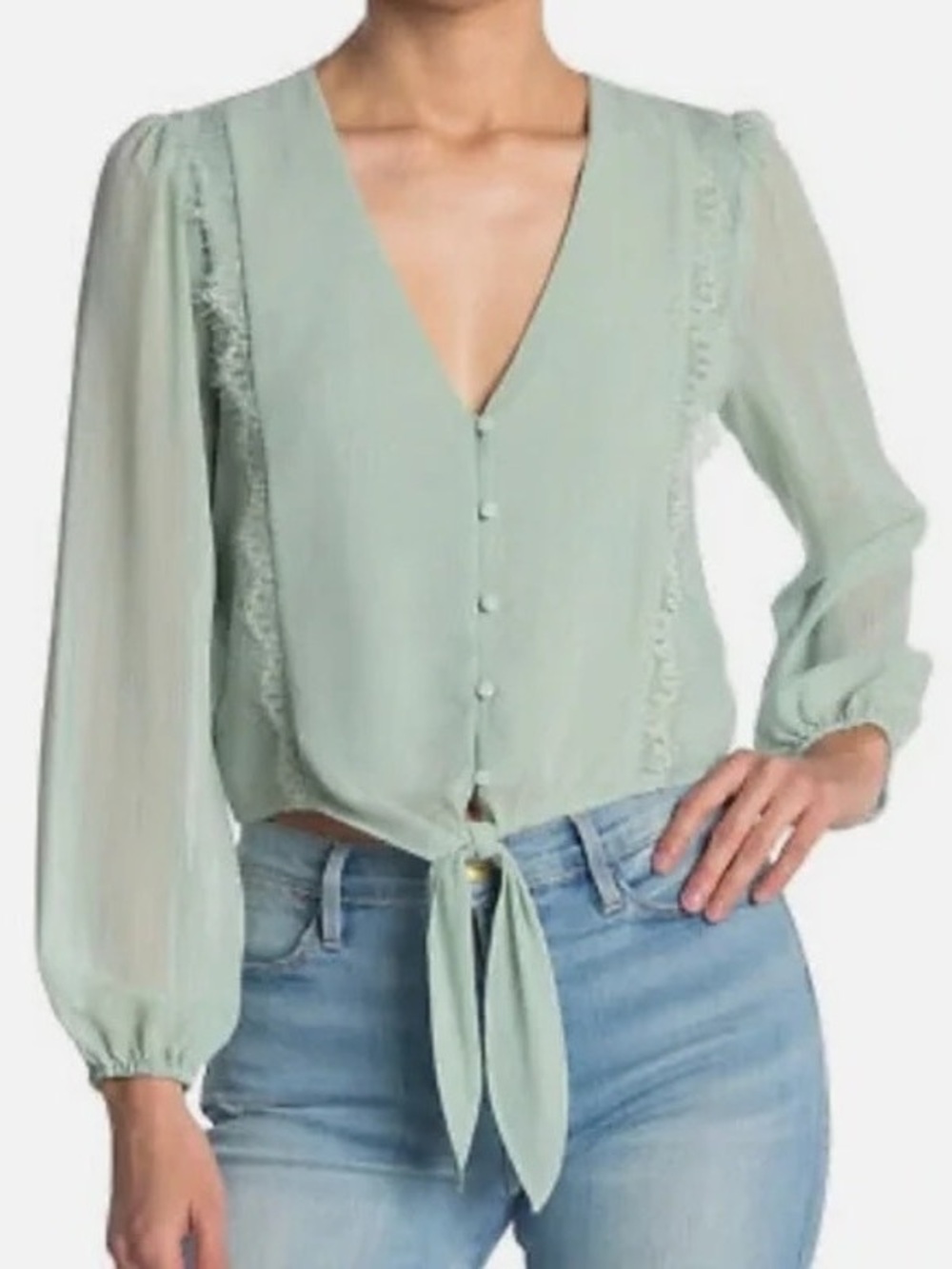 Wayf Sage Green Tie-Front V-Neck Blouse